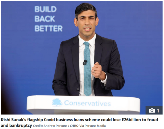 Picture of Chancellor Rishi Sunak with the caption indicating £26bn could be lost to fraud and bankruptcy