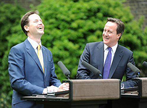 Picture of former Prime Minister David Cameron with junior coalition partner Deputy Prime Minister Nick Clegg, in apparently high spirits