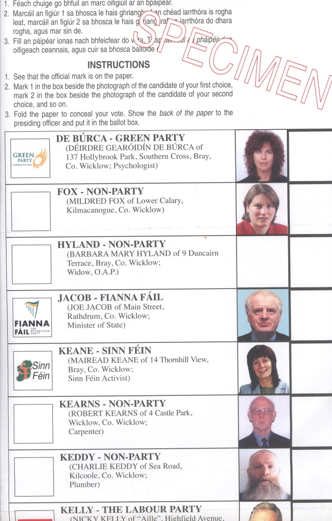 Picture of a specimen Irish ballot.